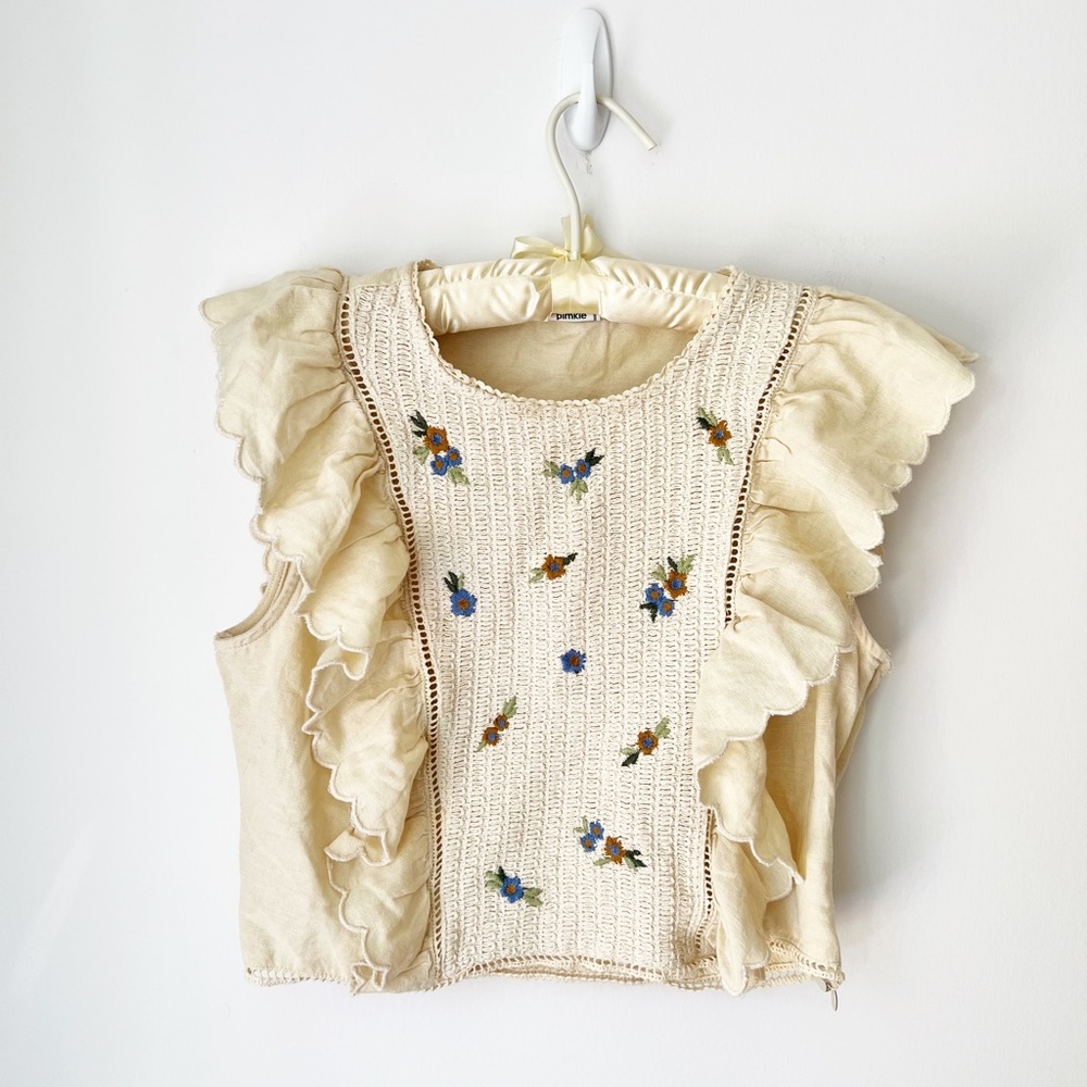 Pimkie Floral Embroidered Ruffle‎ Top Cream Cotton Linen Side Zip Small EU 40 - Picture 2 of 9